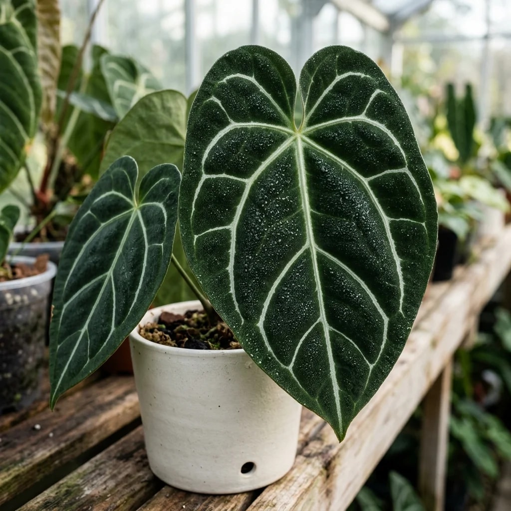 Velvety Anthurium crystallinum plant under greenhouse light