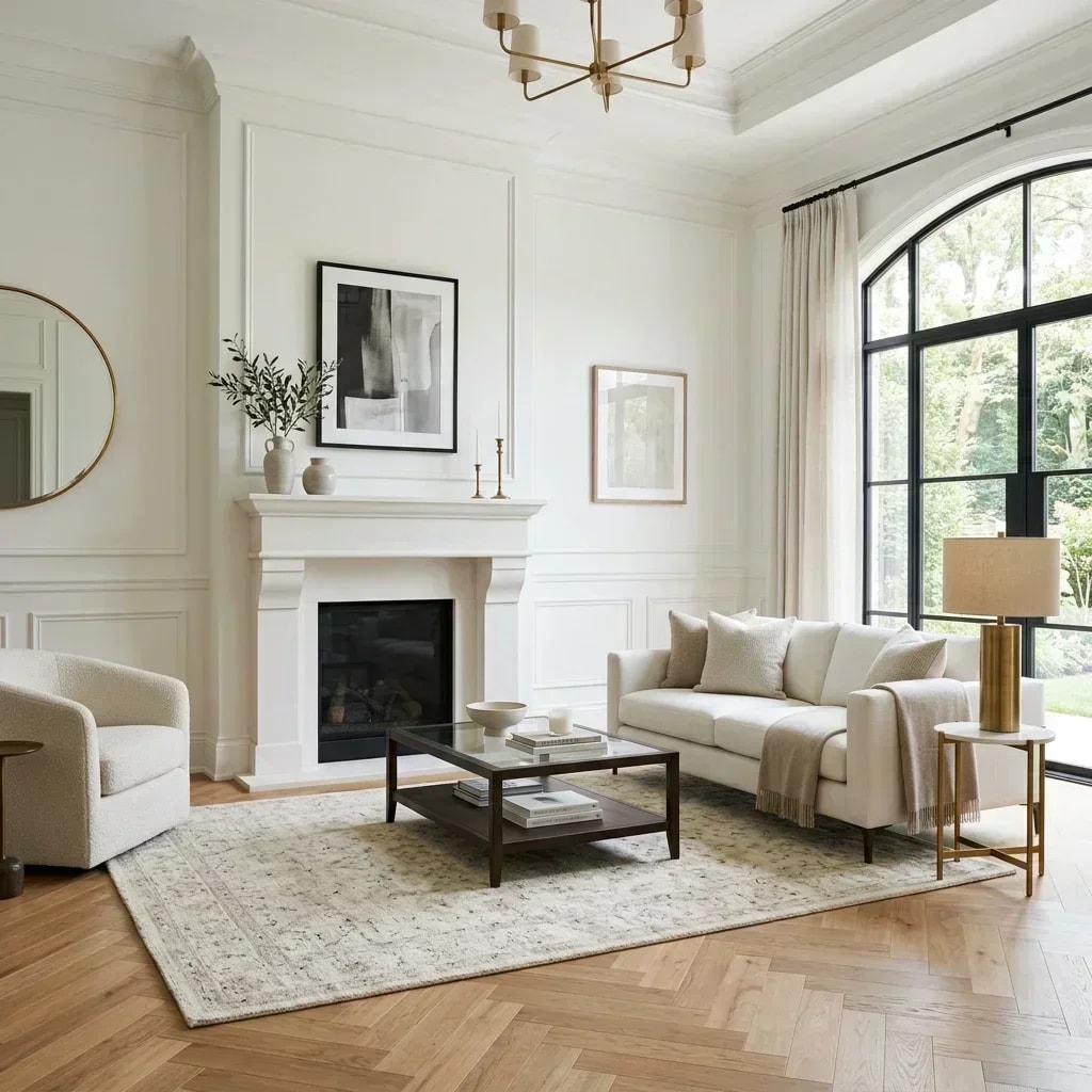 Premium organic modern living room concept featuring warm wood beams, large windows opening to greenery, and curved white sofa
