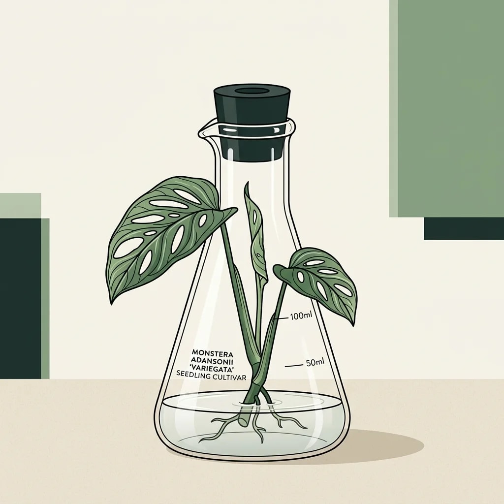 Monstera Albo tissue culture seedling inside laboratory flask