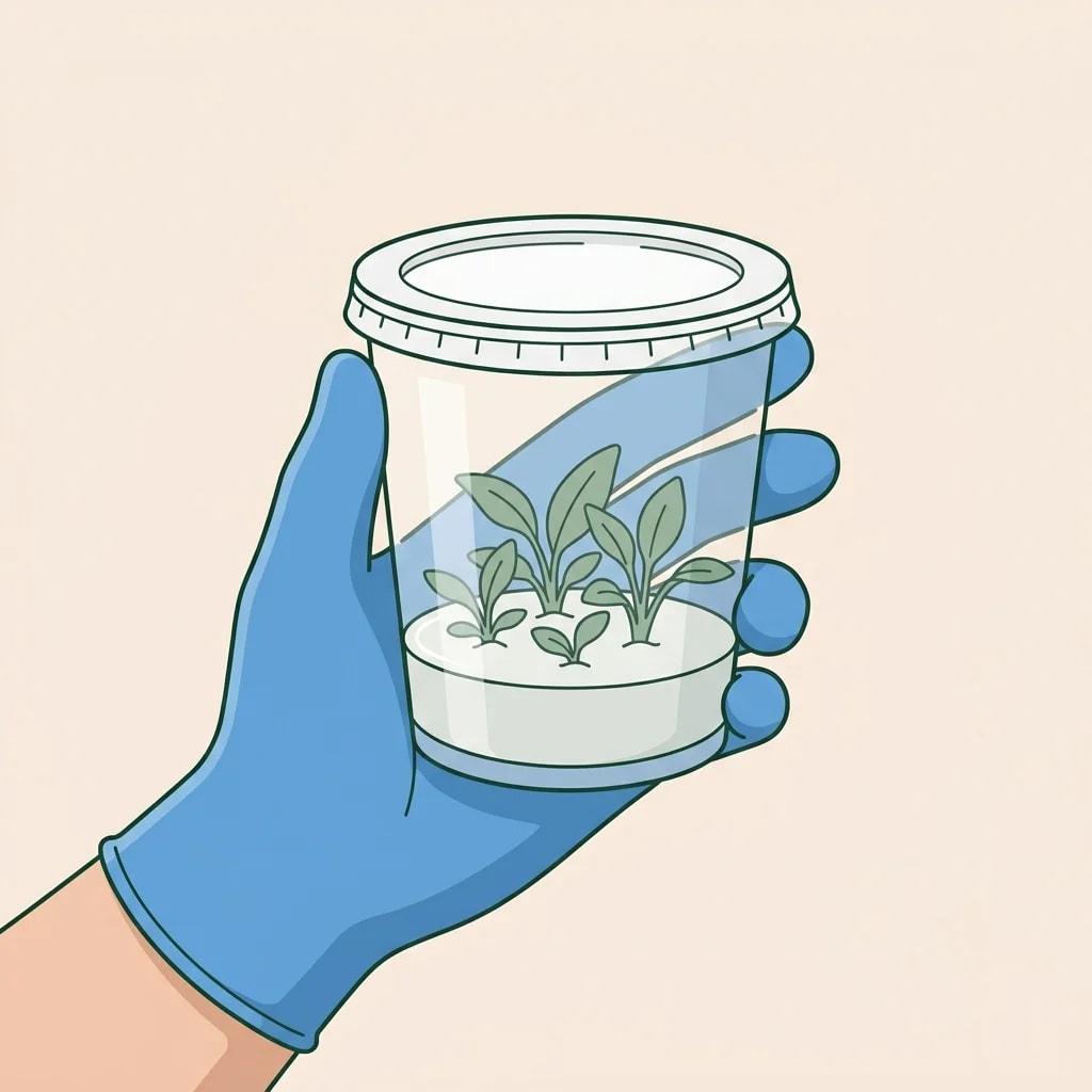 Tiny tissue culture plantlets growing in a sealed sterile cup with solid agar gel