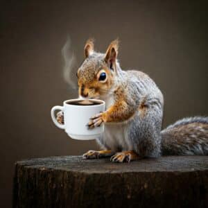 squirrel drinking coffee