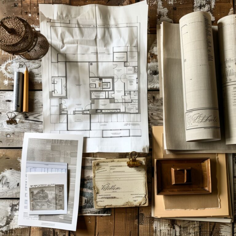 set of house plans on a table surrounded my a few interior designer mood board selections.